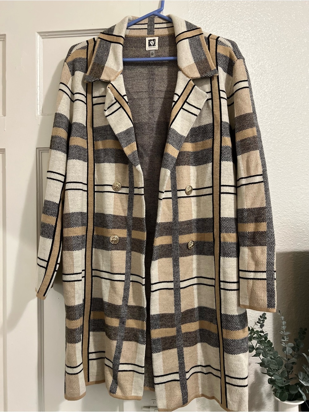 Anne Klein Plaid "Trench Coat" in Beige, Cream & Brown